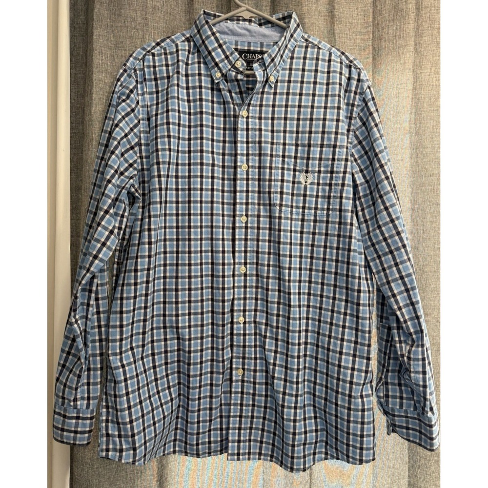 CHAPS Mens Plaid Long Sleeve Button Down Shirt Easy Care Size Large Astor Blue